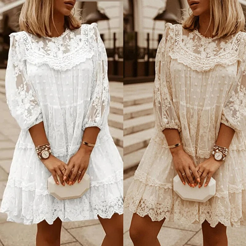 

Women Dress Half Sleeved Floral Hollow Out Casual Loose Mini Dress Comfortable Breathable Elegant Holiday Lace Dresses