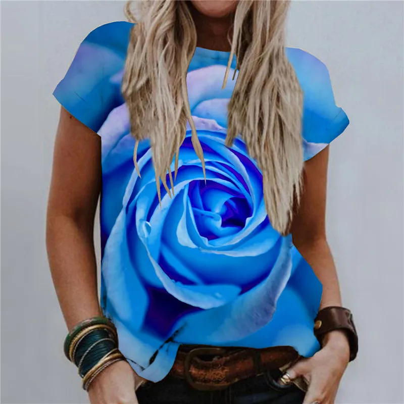 

Rose Flower 3D Printing Women T Shirt 2022 New Summer Short Sleeve Loose Ladies Shirt Tops Casual O-Neck Female Tee Pullover Top