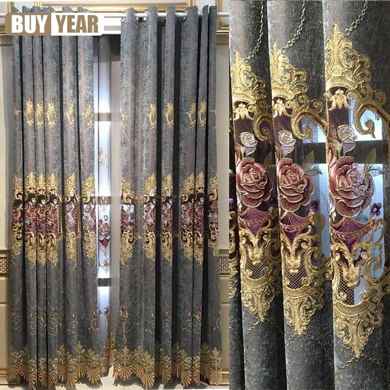 

Luxury Semi-Blackout Embroidery Curtains for Living Room Nordic Chenille Finished Product Flower Beige Tulle for Villa HM140#CG