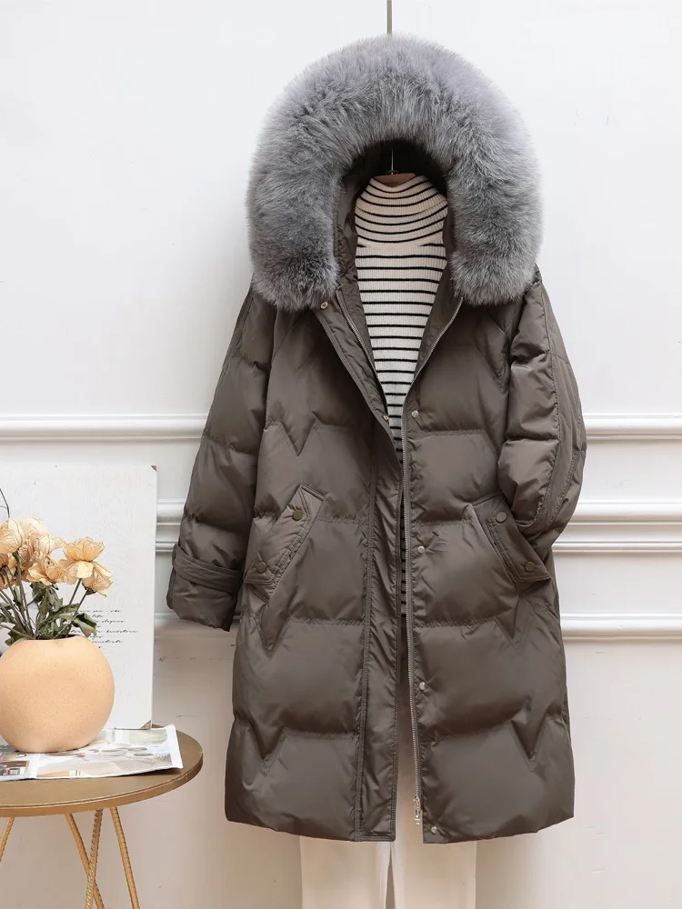 New Women Fox Fur Collar Long Down Jacket Casual Style Autumn Winter Coats And Parkas Female Outwear