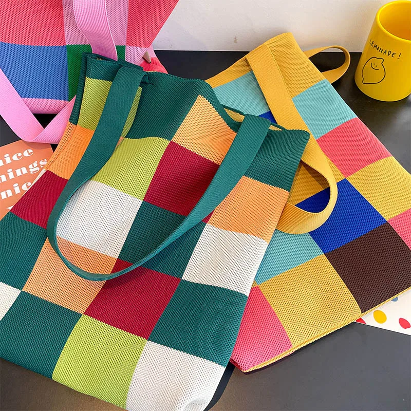 Новая Радужная Шахматная сумка женская вязаная шерстяная сумка-мешок ручной