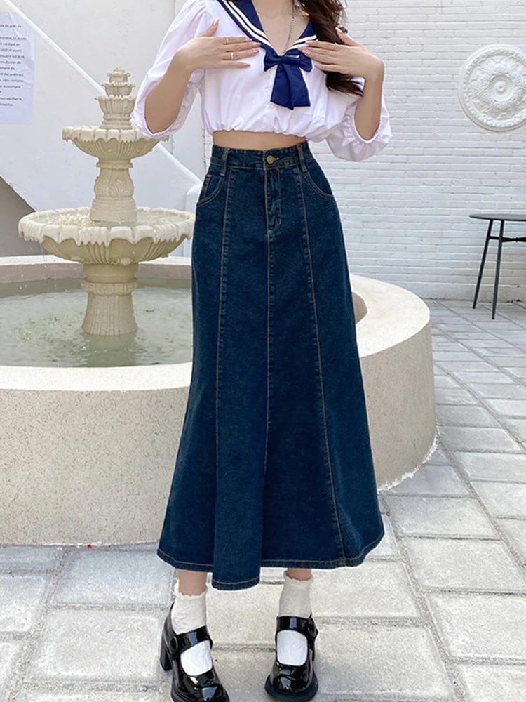 

Ailegogo Spring Summer Women Vintage Blue High Waist Loose Denim Skirt Streetwear Female Mid-calf A-line Jeans Skirts Bottoms
