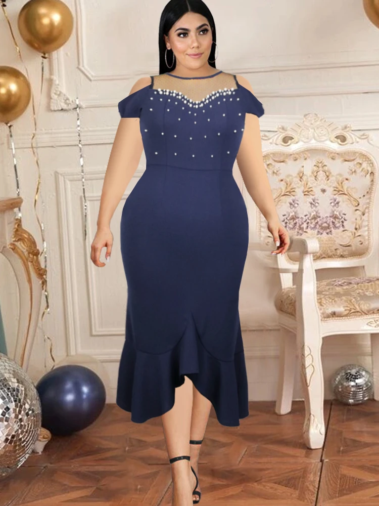 

Navy Blue Mermaid Dresses Plus Size 4XL 5XL Curvy Dress Elegant Women Tulle Patchwork Beads Irregular Prom Outfits for Ladies