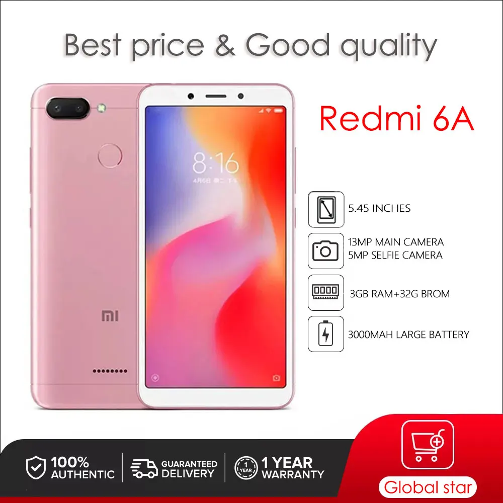 

Xiaomi Redmi 6A Original Refurbished Smartphone 3GB RAM 32GB ROM 13MP Android Cellphone Global ROM version Mobile Phone