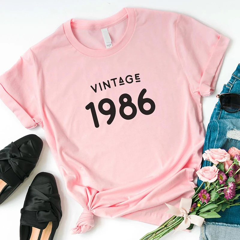 

Vintage 1986 Print Women T Shirt Brand 36th Birthday Graphic Tee Shirt Woman Causal Girl Power Top Pink Shirts Harajuku Tee