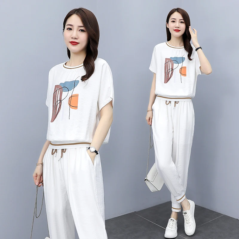 

2022 New White Two Piece Sets Casual Fashion Printing Slim Young Summer Sports 2-piece Set Women Black Plus Size