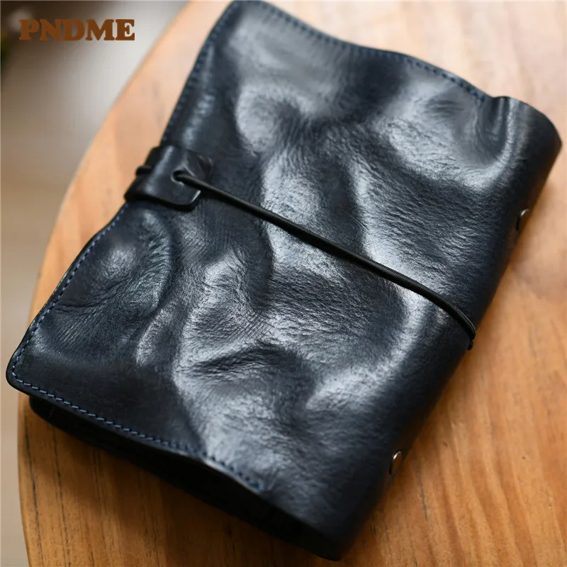 PNDME vintage luxury genuine leather men's women's A6 notebook outdoor travel high quality real cowhide pleated diary coin purse
