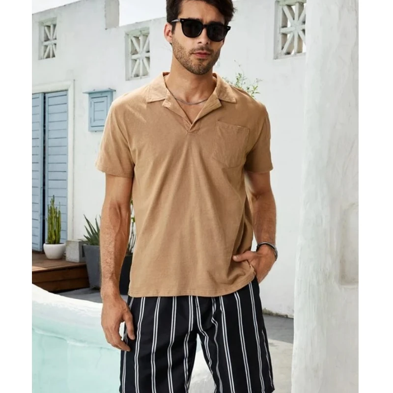 

Men T-shirt Summer Vintage V-neck Turn-down Collar Loose T-shirt Men Short Sleeve Solid Color T-shirt Shirt Vacation Streetwear
