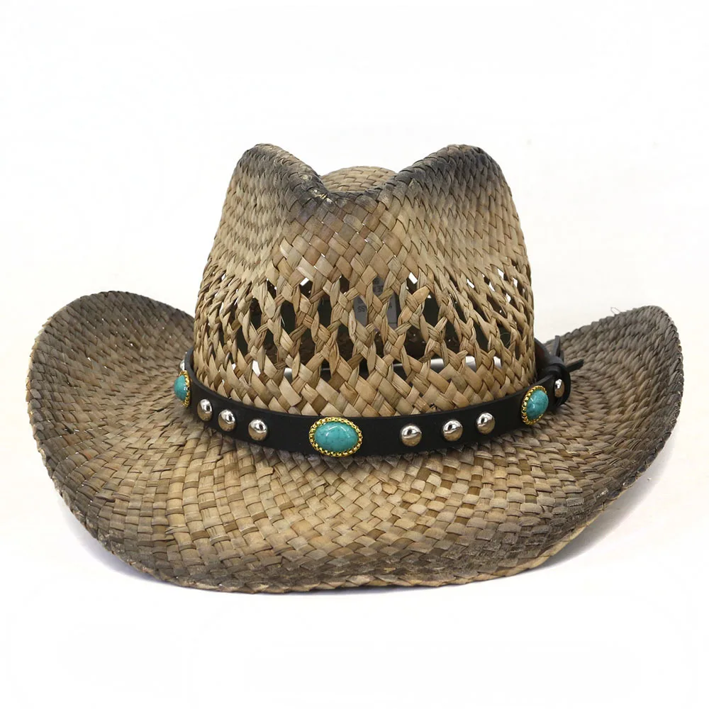 

Boho Natural Straw Cowgirl Cowboy Hats wiht Turquoise Hatband Authentic Western Sombrero Unisex Summer Vacation Beach Party Cap