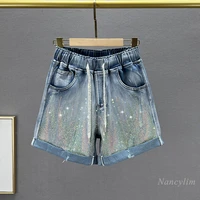 colorful crystals denim shorts womens fashionable 2020 clothing new summer wear elastic waist loose hot pants streetwears