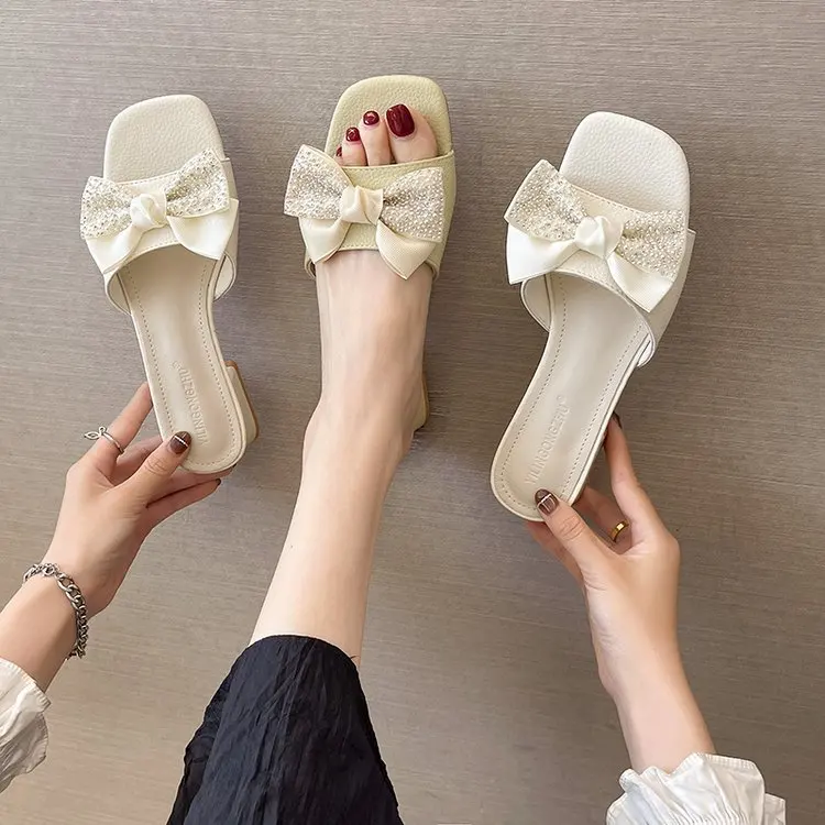 

Shoes Women Med Butterfly-Knot Ladies' Slippers Pantofle Shale Female Beach Square heel Soft 2022 Sabot Summer Block Rubber Hoo