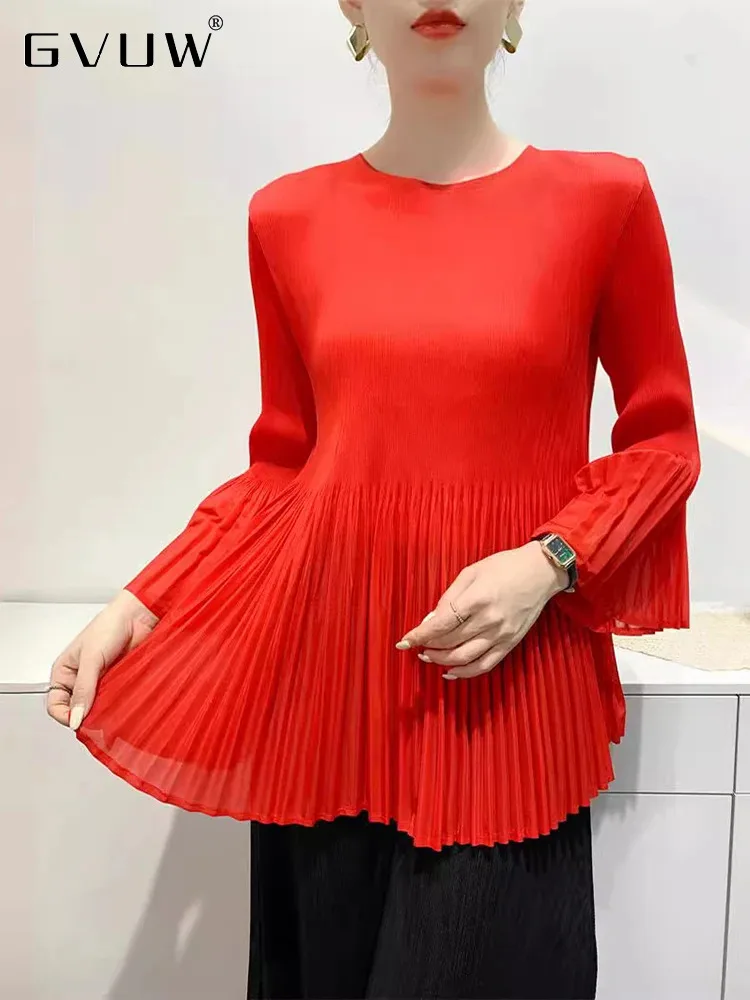 Женская плиссированная футболка GVUW с круглым вырезом шикарный стиль