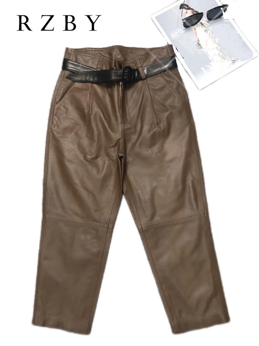 100% Real Genuine Leather Pants Sheepskin Women Trousers High Waist Harajuku Belt Cargo Fashion Pantalones De Mujer RZBY2171