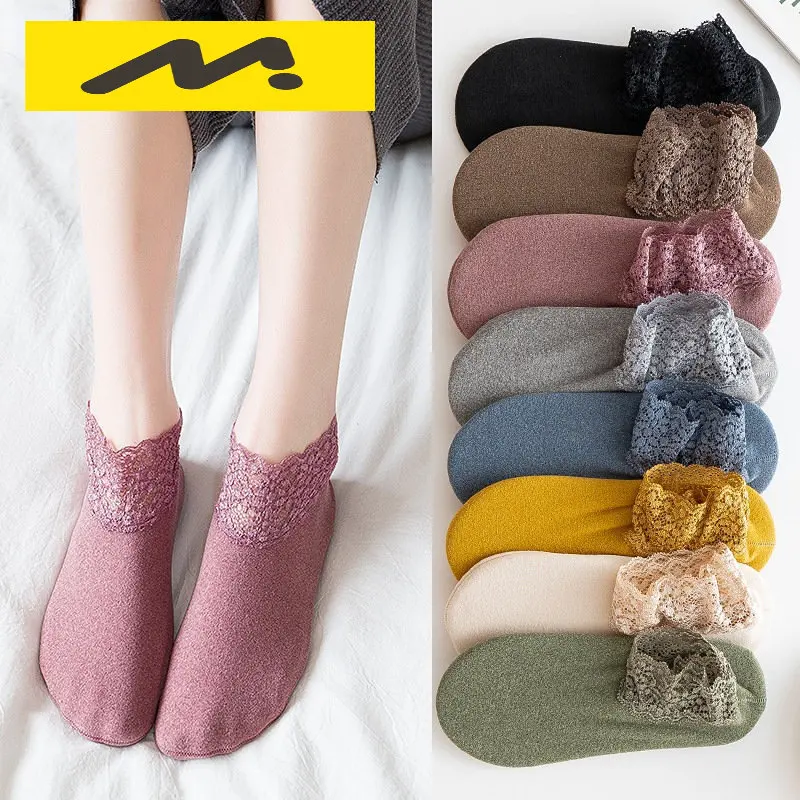 

Women Low Lace Tube Thermal Socks Vintage Cute Thick Plus Velvet Warm Home Floor Socks Autumn Winter Anti-slip Sock Slippers