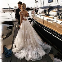 summer wedding dress a line bateau flower applique illusion wedding gown sleeveless sweep train backless sexy bridal dresses