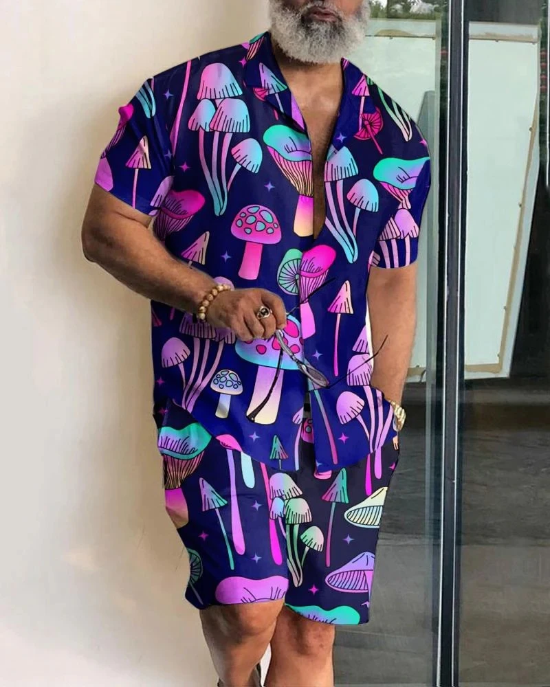 New Fashion Summer Shirt Men's Butterfly Printed Suit Casual Short-sleeved Shirt Shorts Two-piece Hawaii Beach Men's Set