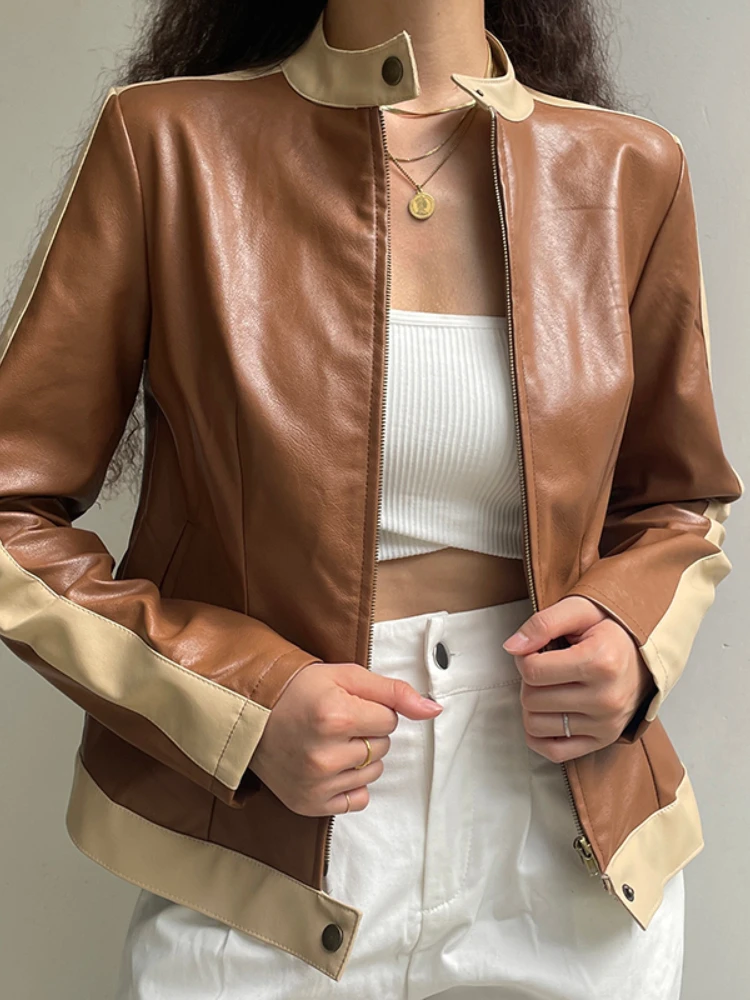YIKUO Brown Faux Leather Zip Up Coats Women Contrast Patchwork Full Sleeve Bomber Racing Jackets Vintage Street Style Outwear