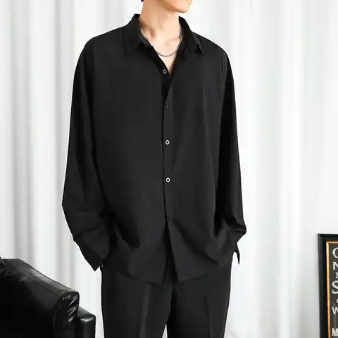 Рубашка мужская однотонная с длинным рукавом, Повседневная Свободная Классическая однобортная блуза, рубашка в Корейском стиле, цвет черны...