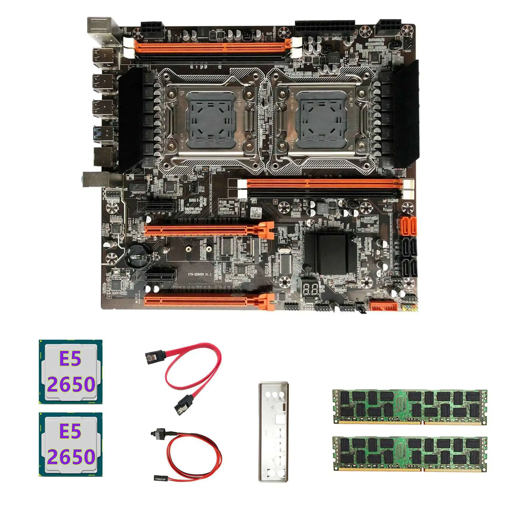 

Материнская плата X79 с двумя ЦП + 2X E5 2650 ЦП + 2x4 ГБ DDR3 1600 МГц RECC ОЗУ + SATA кабель + переключатель + перегородка LGA2011 M.2 NVME