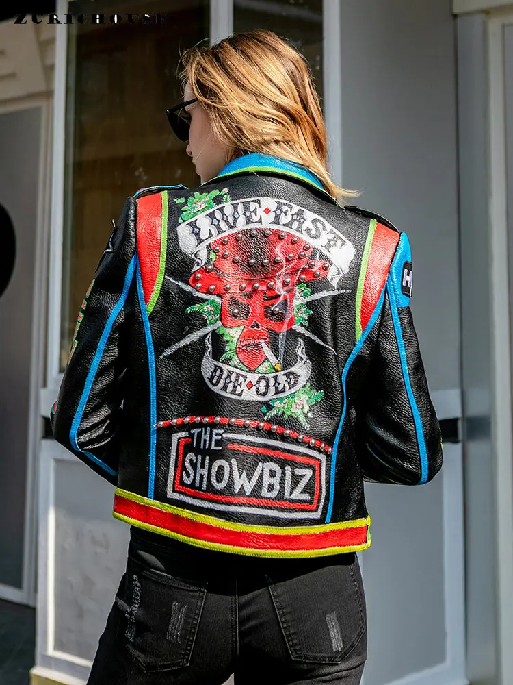 

Streetwear Motorcycle Leather Jackets Women 2023 Trend Contrast Color Print Short Punk Studded Faux Leather Biker Jacket