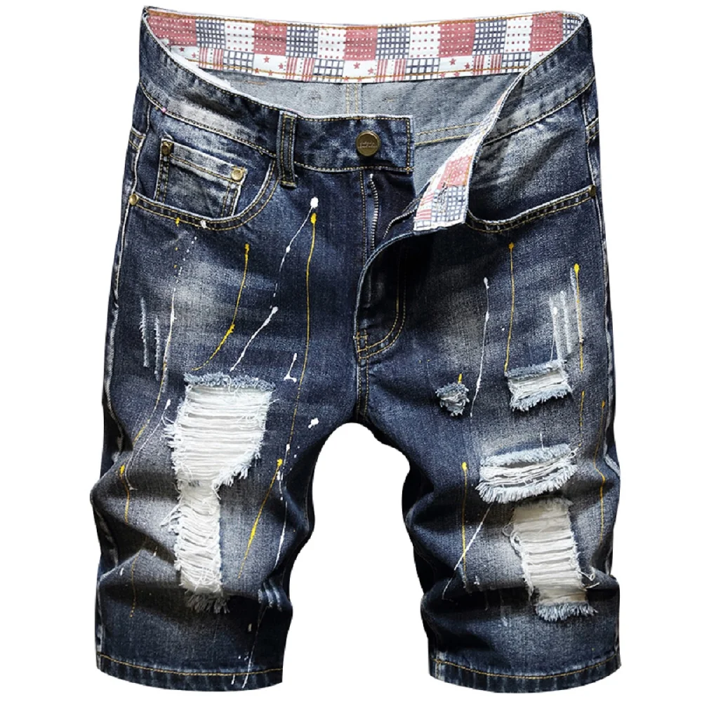 Men's Classic Split Short Jeans Summer Fashion Cotton Shorts Breathable Perforated Denim Shorts New Men's Clothing