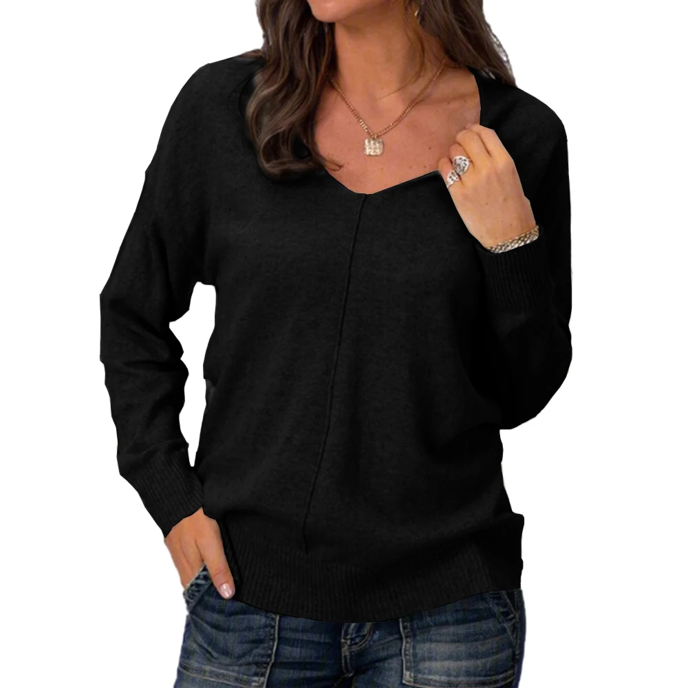 

Women's Casual Pullover Sweaters V Neck Soft Slim Fit Solid Color Knitted Tops Loose Pullover Jumper Tops