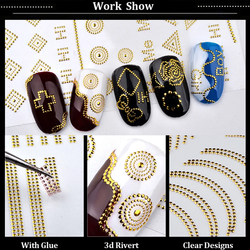 1 Sheet 3D Metal Nail Art Stickers Gold Bow Cross Flowers Designs Rivert Adhesive Decals DIY Manicure Supplies | Красота и здоровье