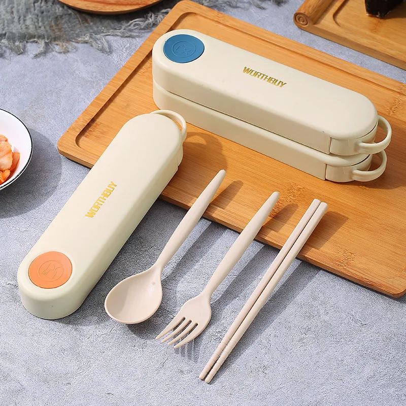 

Bamboo Fiber Chopsticks Fork Spoon Tableware Three-piece Set With Box Travel Storage Tableware Children's Portable Tableware
