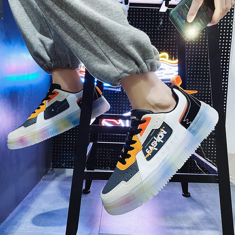 Мужские кроссовки из ПУ кожи с прозрачной подошвой спортивная обувь на плоской