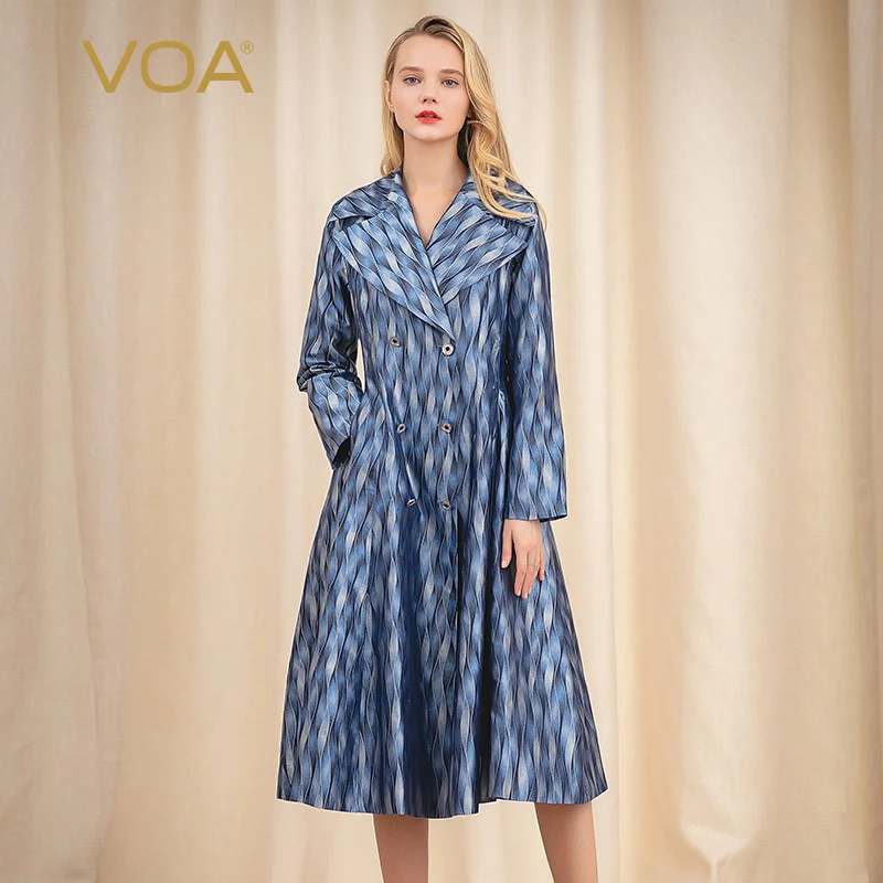 

VOA Yarn-Dyed Large Jacquard Blue Large Lapel Long Sleeve Retro Court Style Long Expandable Women's Windbreaker F318