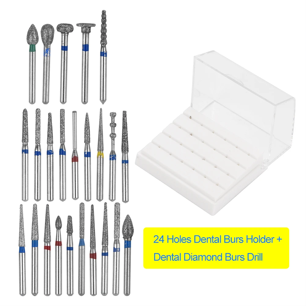 

24Pcs Mixed Multi-type Dental Diamond Burs Set FG 1.6mm + Block Holder Box Dentist Handpiece Shoulder Abutment Polish Bur Drills