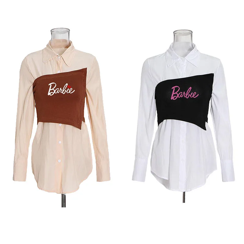 

Fashionable Versatile Barbie Tube Top Splicing Shirt Spring Autumn Cartoon Anime Design Temperament Simple Top for Girls
