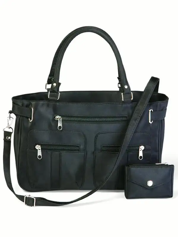 

Stylish Double-Handle Zippered 6-Pocket Microfiber Handbag and Matching Coin Purse, Black, One-Size