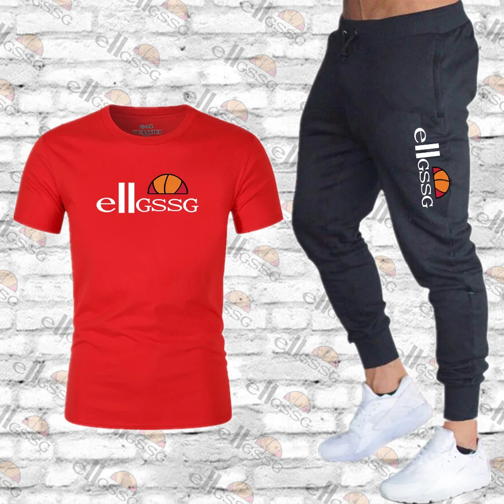 

Men's Tracksuit Man Casual Fitness Pieces Sets High-quality SportswearShort Sleeve Sport Pants Suit Cotton T-Shirt+Trousers 2023