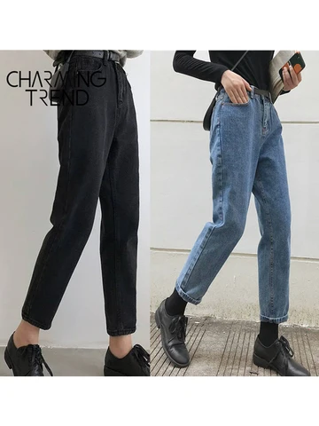 Women Jeans Pant Black Korean Crop Jeans Girls Students Vintage Solid Long Pants Fit Female High Waist Denim Pants Women