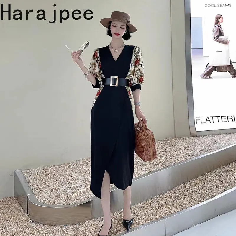 

Harajpee Korean Chic Summer Woman Elegant Dress Temperament Print Short Sleeve Panels V-neck Vintage Irregular Hip Party Dresses