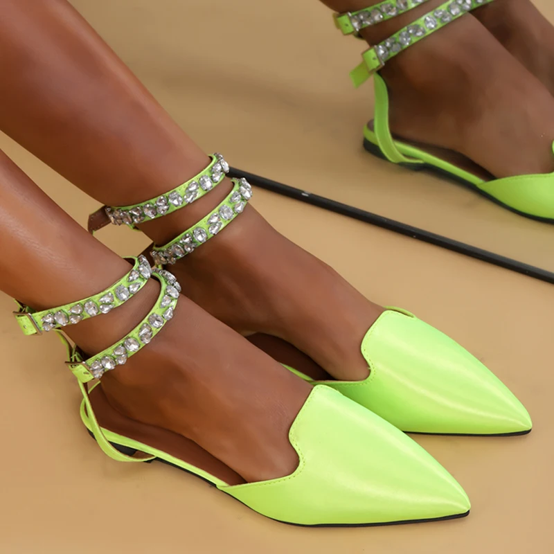 

Rhinestone Ankle Strap Gladiator Sandals Women Patent Leather Pointed Toe Flat Sandals Woman Summer 2023 Fashion Party Shoes