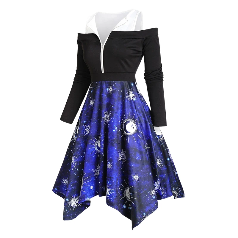 

Galaxy Plaid Print Open Shoulder Half Zip Handkerchief Dress Sun Print Moon Midi 2fer A-Line Women DressesDress