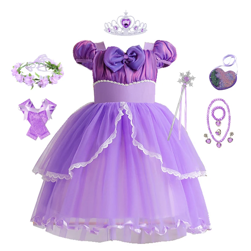 Платье Принцессы Диснея Софии косплей костюм для детей с блестками многослойное