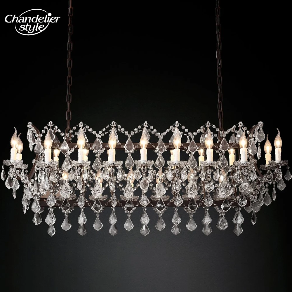 

19th C. Rococo Iron & Clear Crystal Rectangular Chandeliers Retro LED Candle Rustic Black Lamps Kitchen Island Dining Room Light