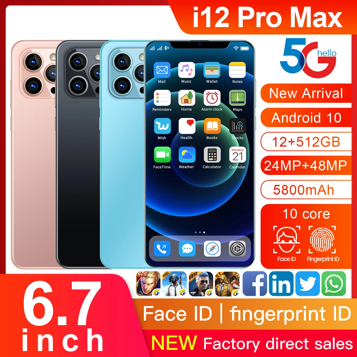 

Celular I12 Pro Max 5G 5800mAh Global Version12GB 512GB Smartphone 6.7 Inch 10 Core Android 10 Cellphone Mobile Phone Unlock 4G