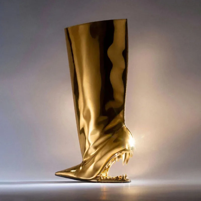 

Sexy Patent Leather Tooth Fretwork Heels Long Knee High Boots Women Pointed Toe Slip-on Dress Party Stage Runway Shoes 2023 New