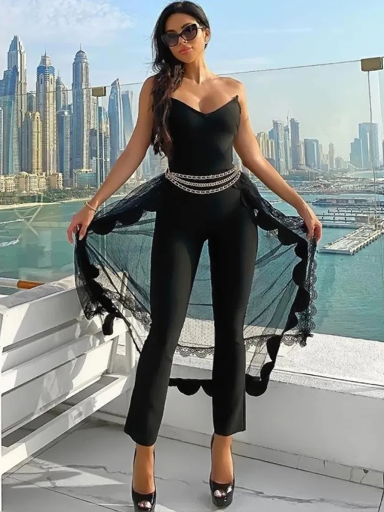 

Women Sexy Designer Lace Mesh Strapless Black Bandage Jumpsuit Bodycon High Street Celebrity Skinny Lace Party Jumpsuit Rompers