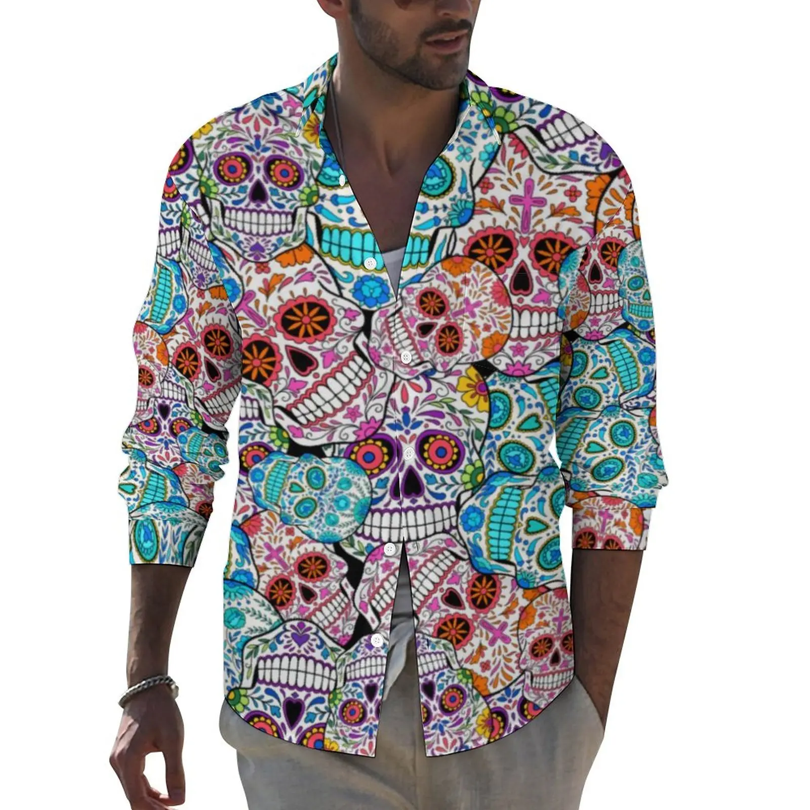 

Spooky Skeleton Shirt Skulls with Flowers Casual Shirts Long Sleeve Pattern Y2K Blouses Autumn Retro Oversized Tops