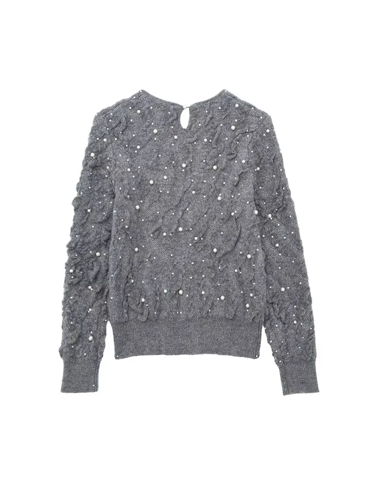 Женский вязаный свитер с искусственным жемчугом длинным рукавом