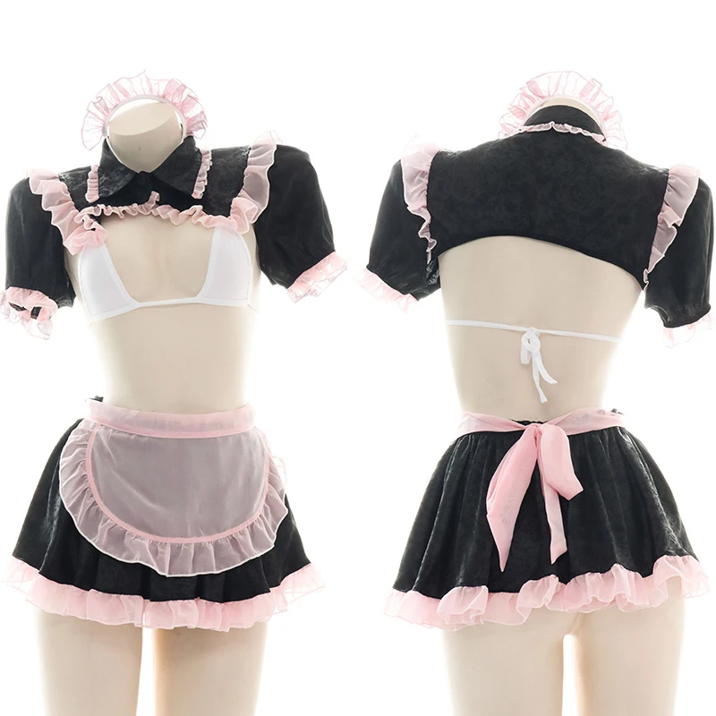 

Candy Girl Hollow Out Lace Maid Uniform Backless Mesh Chiffon Dress Anime Cosplay Costumes Cute Black Pink Sexy Lingerie Set