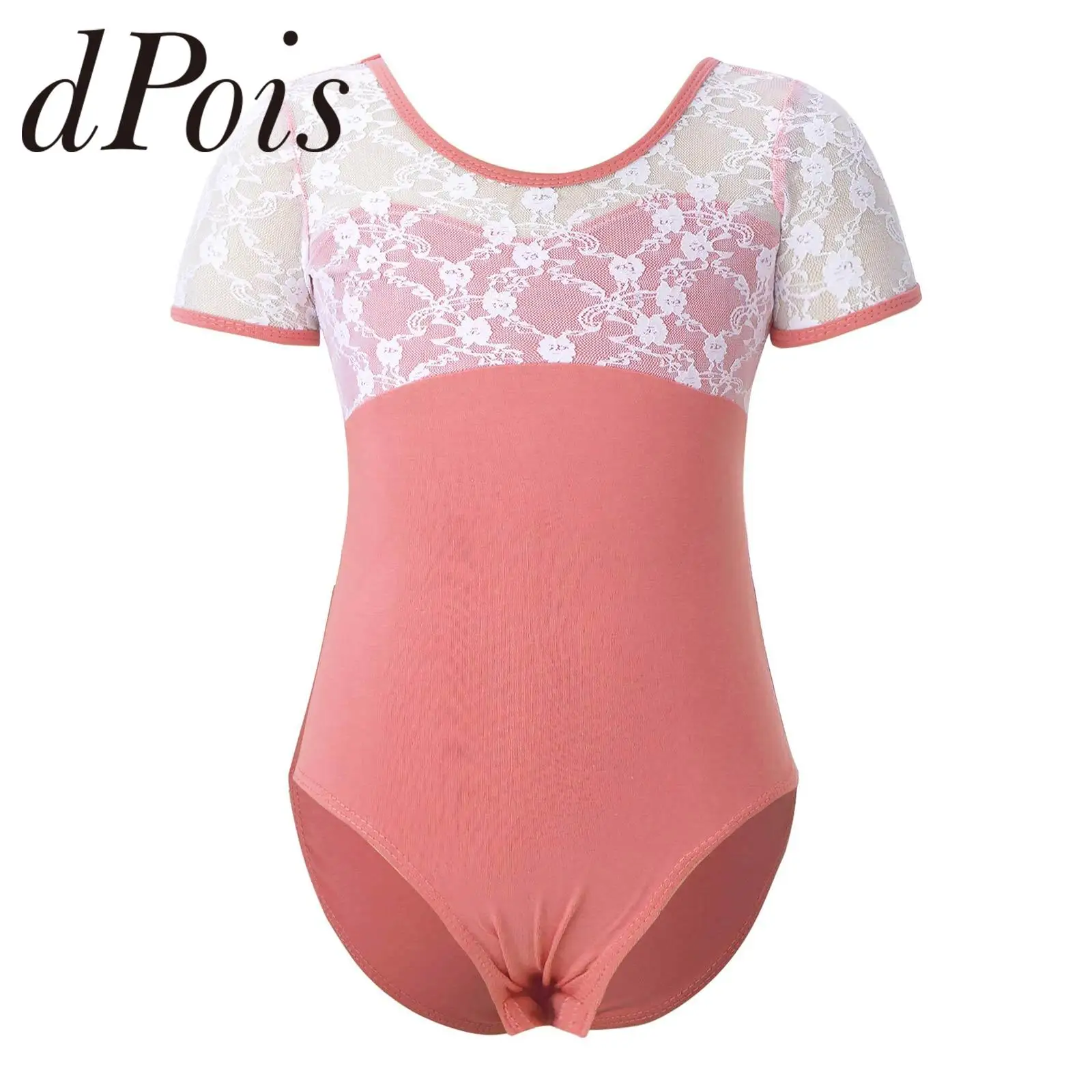 

Kids Girls Lace Patchwork Backless Ballet Dance Leotards Short Sleeve Gymanstic Bodysuit For Girls Children Sports Jumpsuit