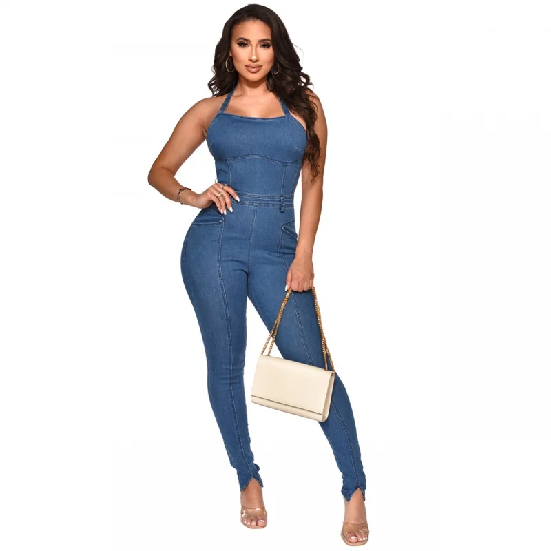 

Hot Denim Women Rompers Solid Spaghetti Straps Long Skinny Playsuits 2022 Summer Sexy Backless Night Club Party One Piece Overal