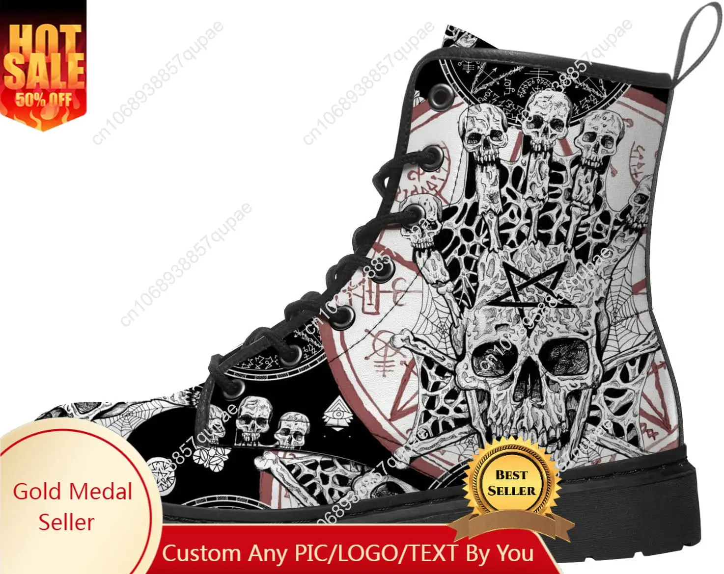Skull Print Fashion Boots High Quality Mens Womens Teenagers Leather Work Printed Vintage Custom Flat