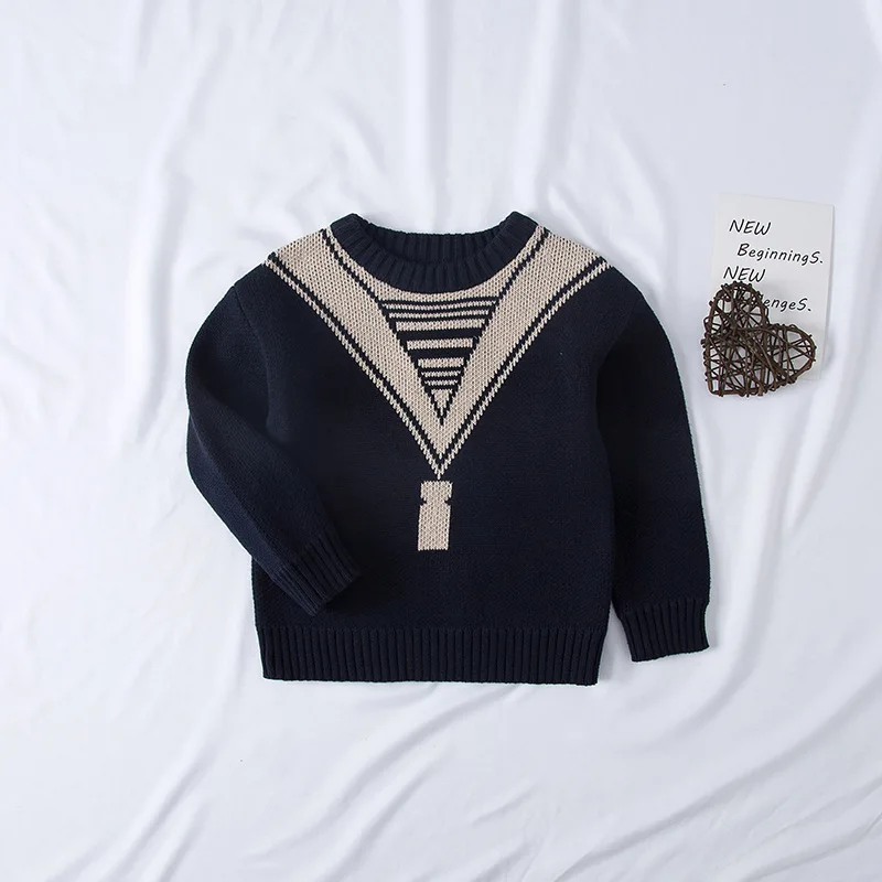 

Autumn Winter Clothing for Boys and Girls Sweaters Fashion Doll Style Navy Blue Knitted Sweater Children Pullover Top Warm